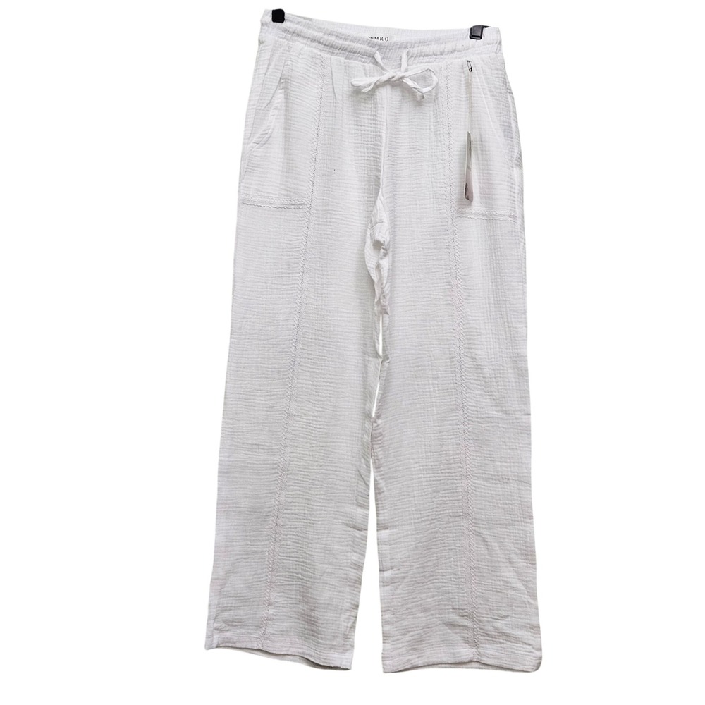 Palm Rio Gauze Pants Womens L White Wide Leg Crochet Trim Cotton Beach Boho